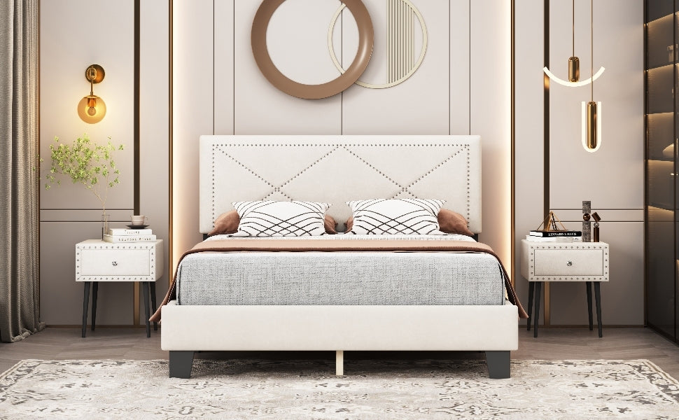 Simple Queen Size Upholstered Bed Frame with Rivet Design, Modern Velvet Platform Bed with headboard, Beige