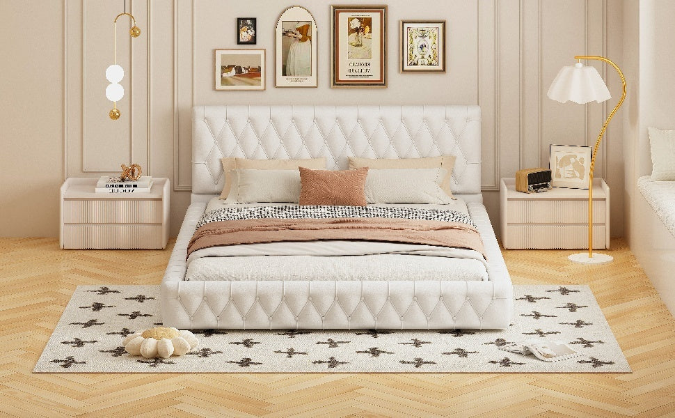 Queen Size Upholstered Bed with Tufted Headboard, Modern Velvet Platform Bed , No Box Spring Required, White