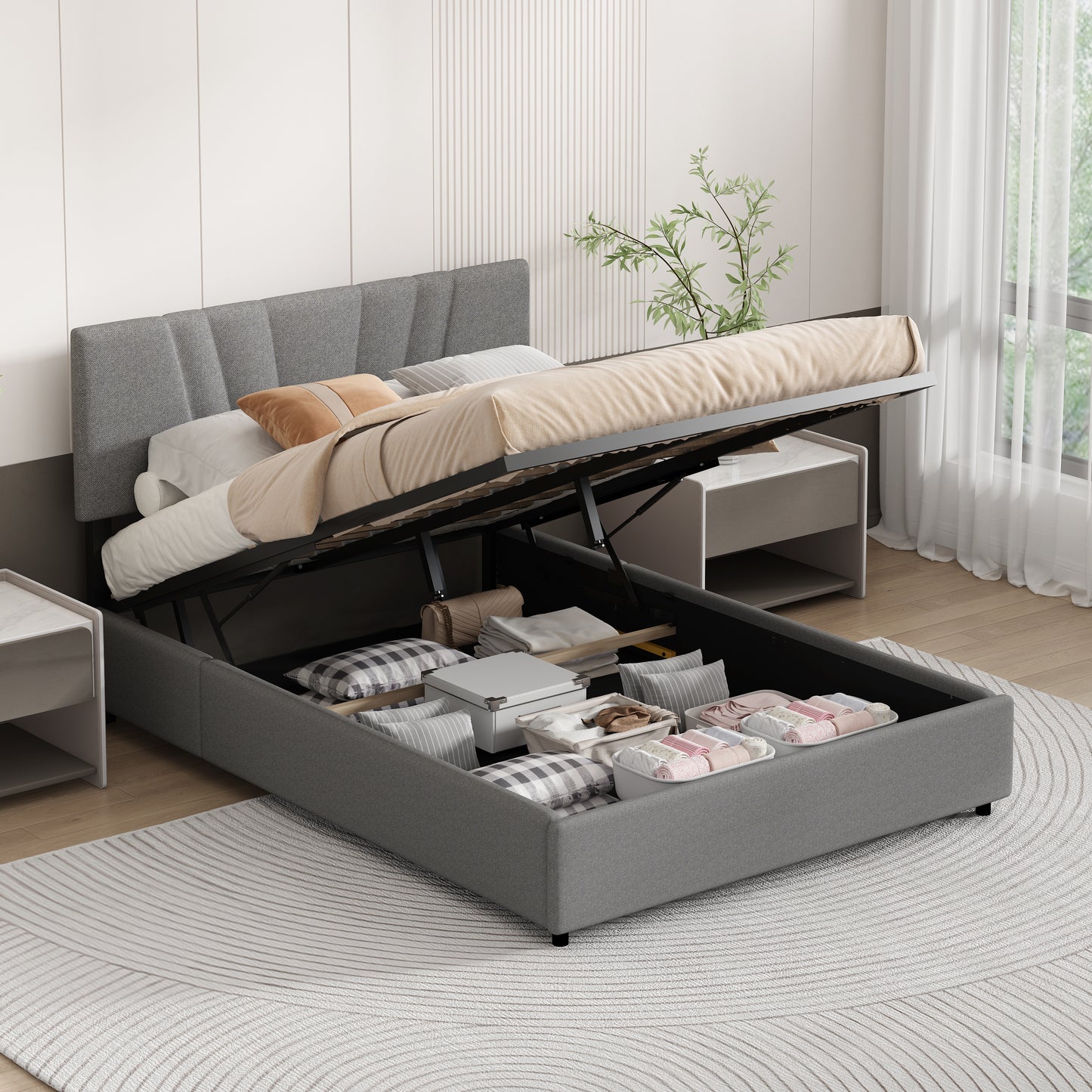 Full Upholstered Platform Bed with Lifting Storage, Full Size Bed Frame with Storage and Tufted Headboard,Wooden  Full Platform Bed for Kids Teens Adults,No Box Spring Needed( Full, Gray)