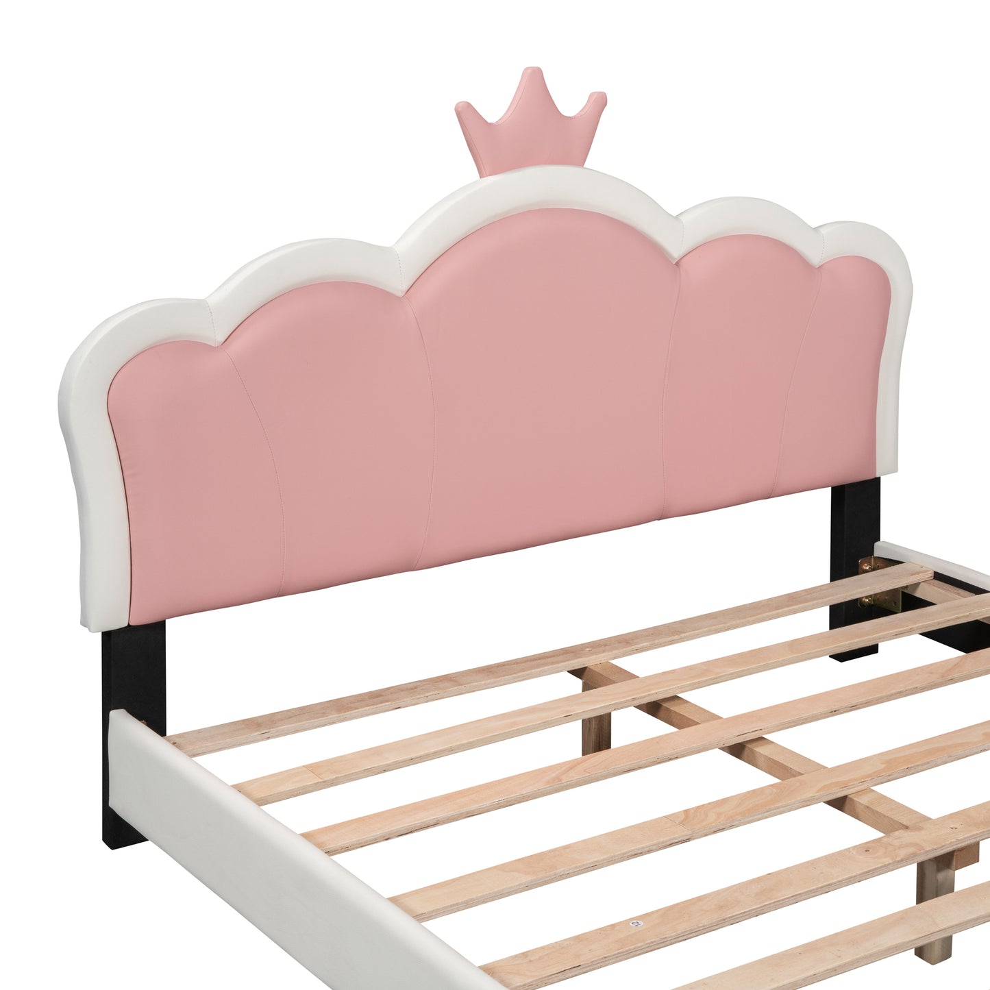 Full size Upholstered Princess Bed With Crown Headboard,Full Size Platform Bed with Headboard and Footboard, White+Pink