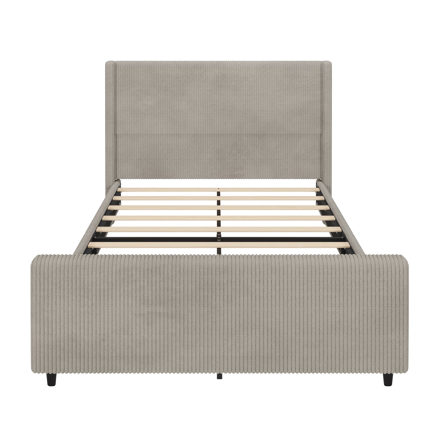 50.7'' High Headboard Corduroy Upholstered Bed Frame with Vertical Stripe Wingback and High Footboard No Box Spring Needed, Queen Size, Taupe