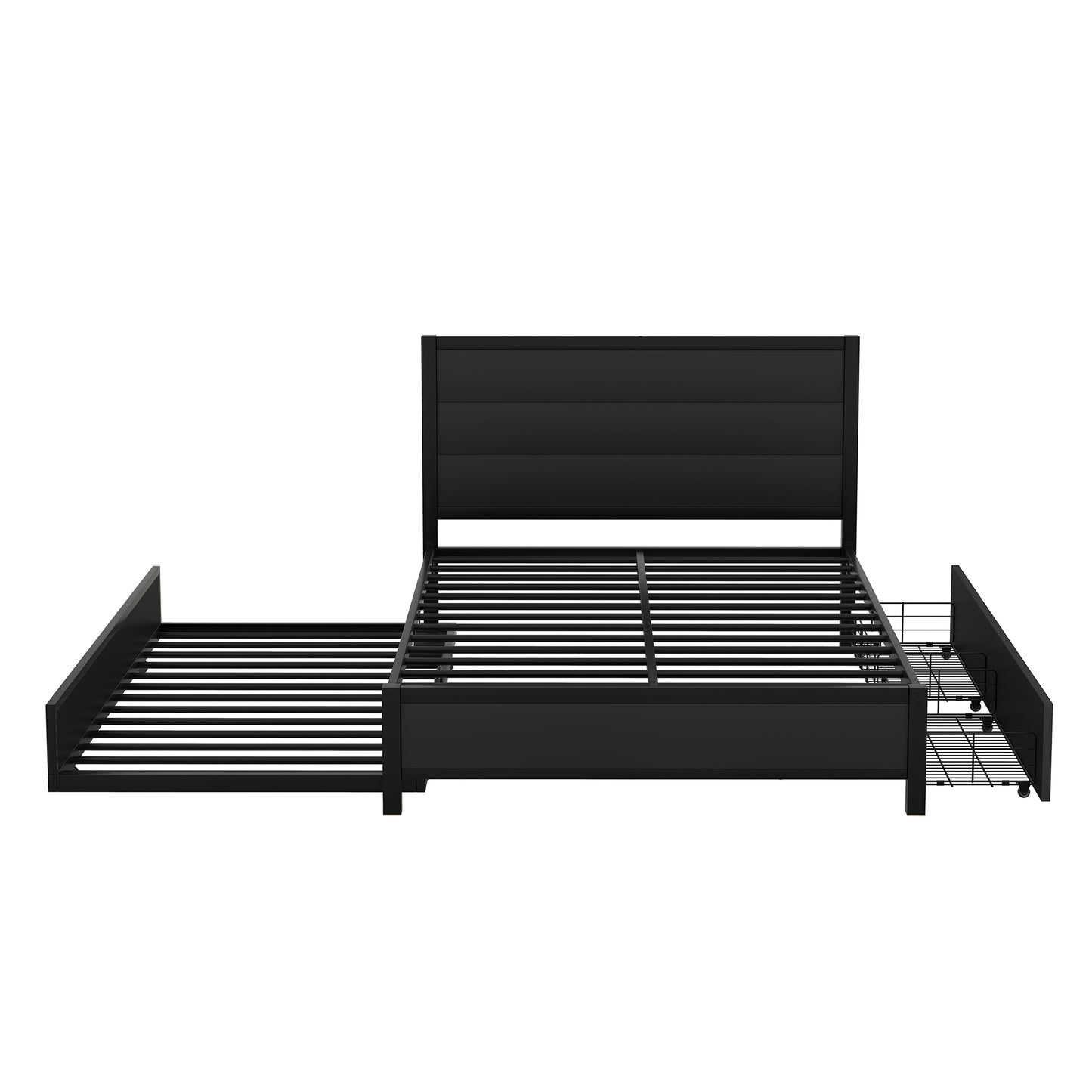 Metal Full Size Storage Platform Bed with Twin Size Trundle and 2 Drawers, Black