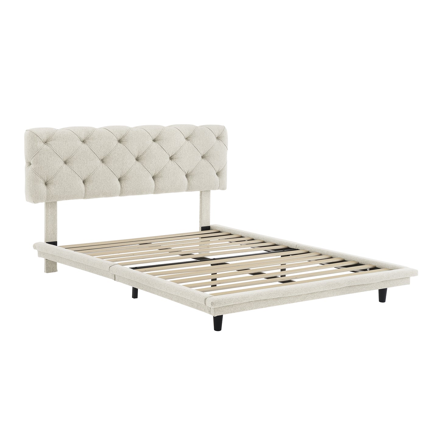 Lit rembourré pleine grandeur avec rayures claires, lit plateforme flottant, tissu en lin, beige