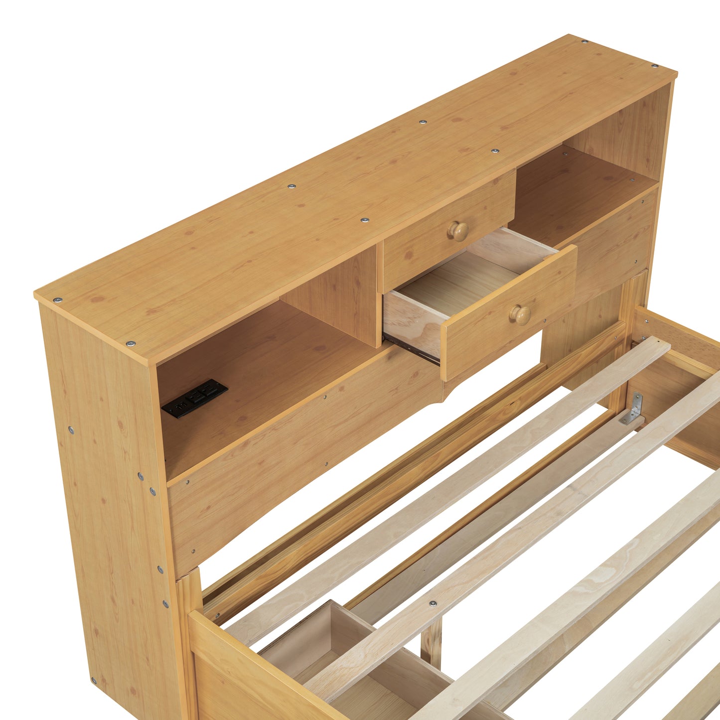 Full Size Wood Pltaform Bed with Twin Size Trundle, 3 Drawers, Upper Shelves and a set of USB Ports & Sockets, Natural