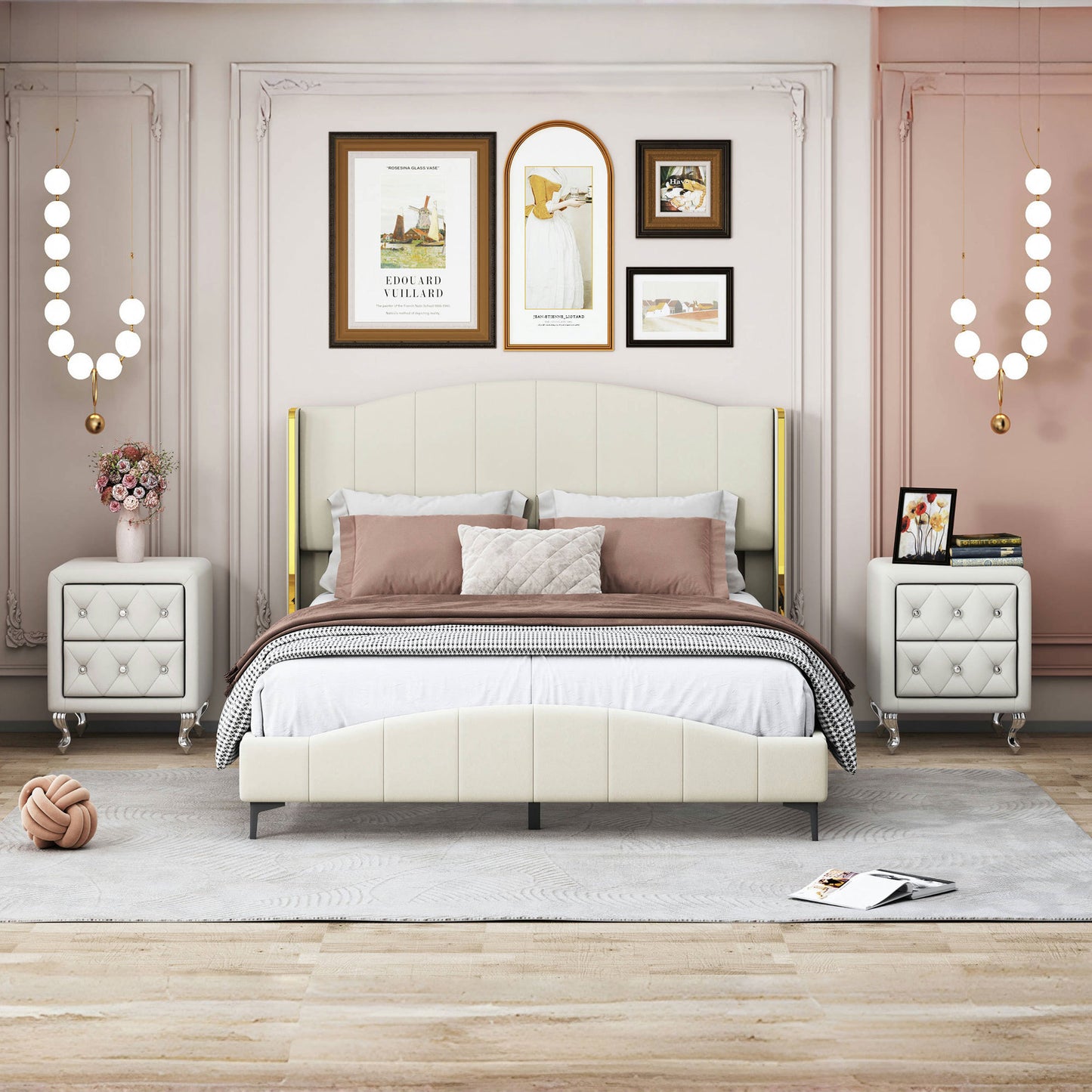 3 Pieces  Bedroom Set with Queen Size PU Leather Upholstered Platform Bed and Elegant PU Nightstand with 2 Drawers , Beige