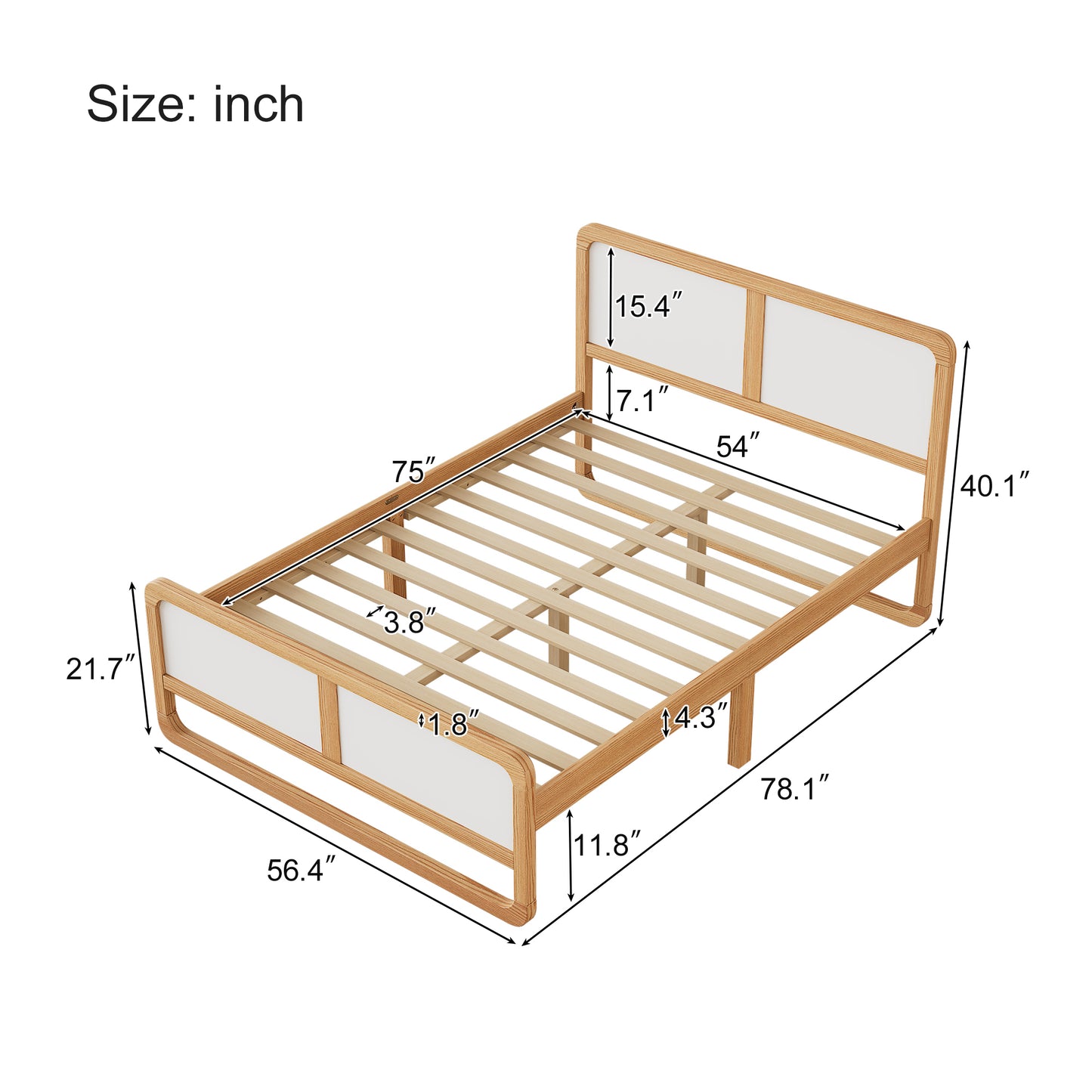 Modern Style Full Size Solid Wood Platform Bed for  Kids, Teens, Adults, No Need Box Spring, Walnut and White