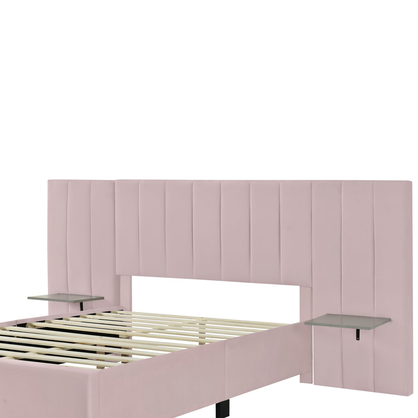 Full Size Upholstered Platform Bed with Big Headboard, Bedroom Furniture, Velvet, Pink