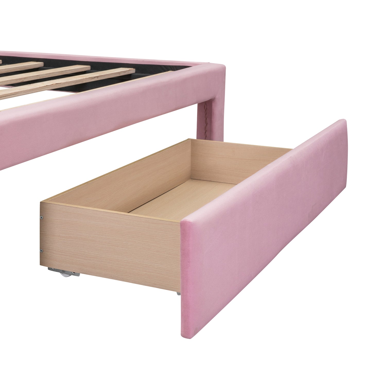 Full Size Storage Bed Velvet Upholstered Platform Bed with a Big Drawer - Pink