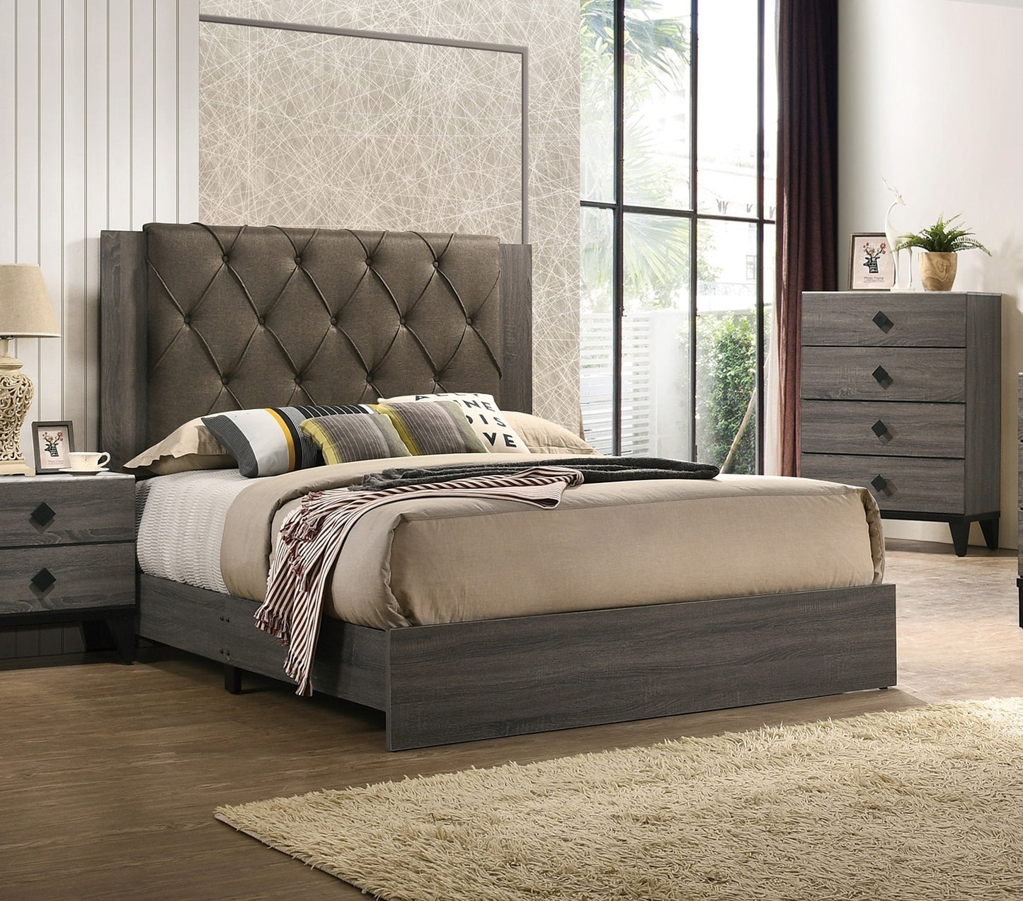 Contemporary 1pc California King Size Bed Bedroom Furniture Tufted Design Headboard Rubberwood 1pc Bedframe Gray Finish