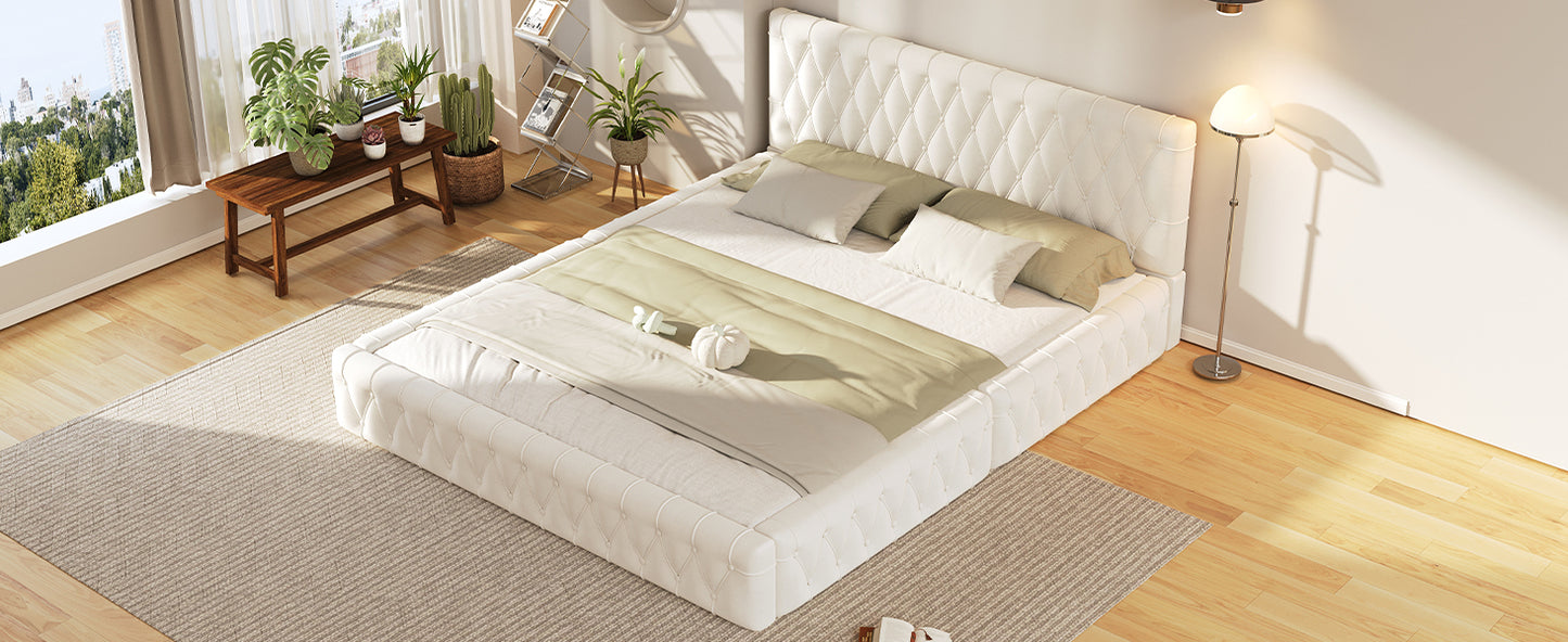 Queen Size Upholstered Bed with Tufted Headboard, Modern Velvet Platform Bed , No Box Spring Required, White