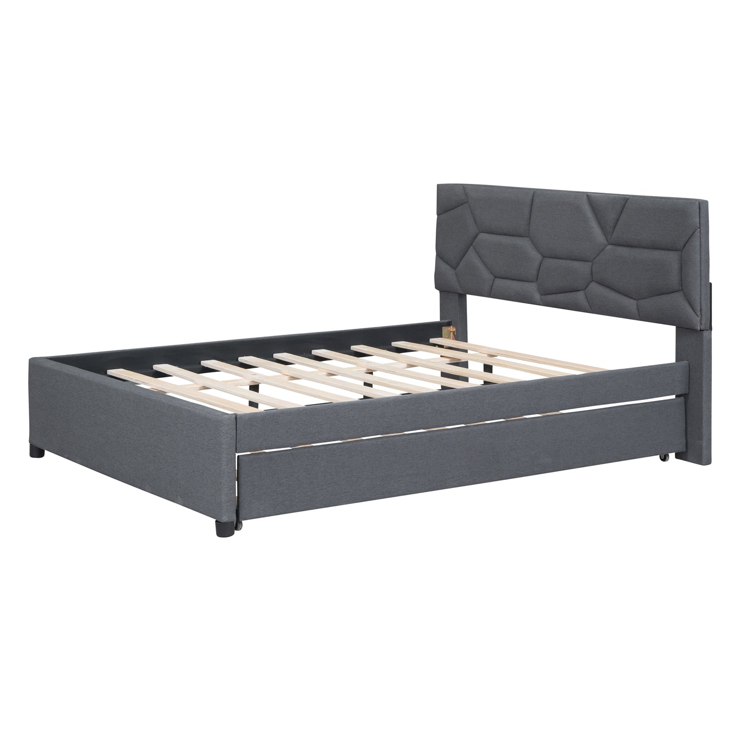 Full Size Upholstered Platform Bed with Brick Pattern Headboard and Twin Size Trundle, Linen Fabric, Gray