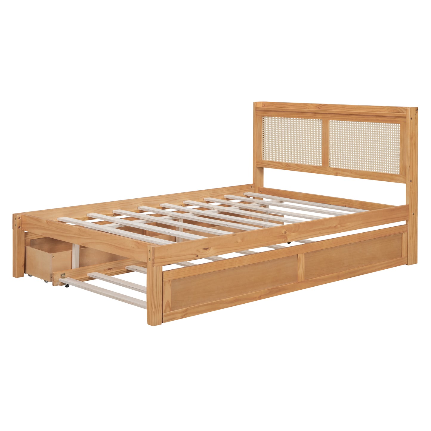 Full Size Elegant Bed Frame with Rattan Headboard and Sockets ,Natural