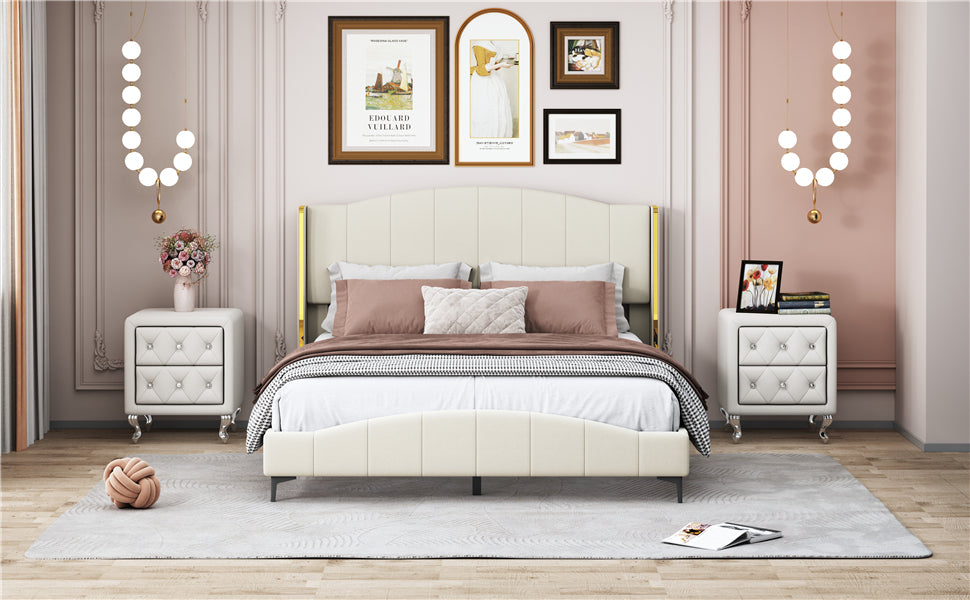 3 Pieces  Bedroom Set with Queen Size PU Leather Upholstered Platform Bed and Elegant PU Nightstand with 2 Drawers , Beige