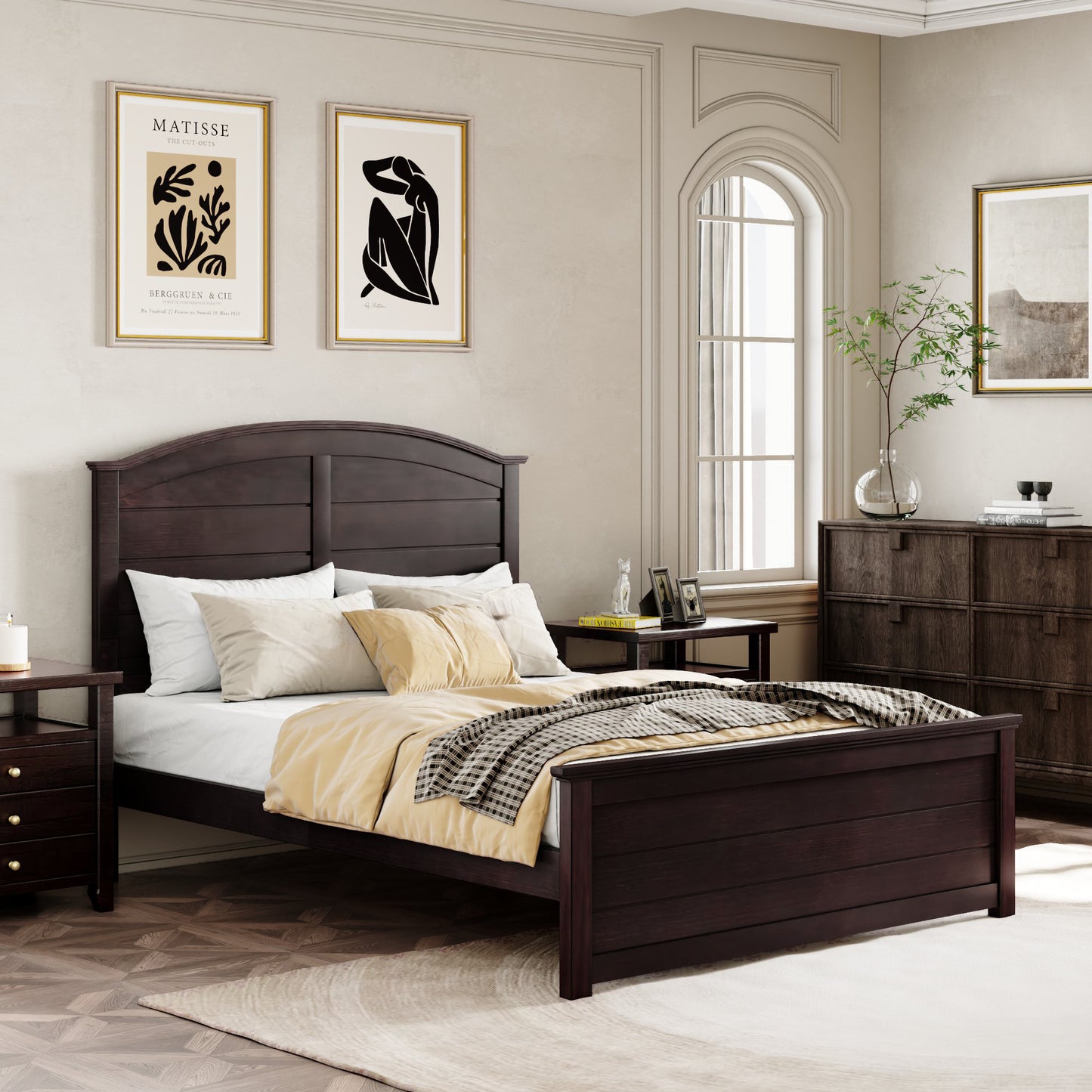 Farmhouse Wooden Platform Full Size Bed with Curl Design Headboard and Footboard for Teenager, Espresso