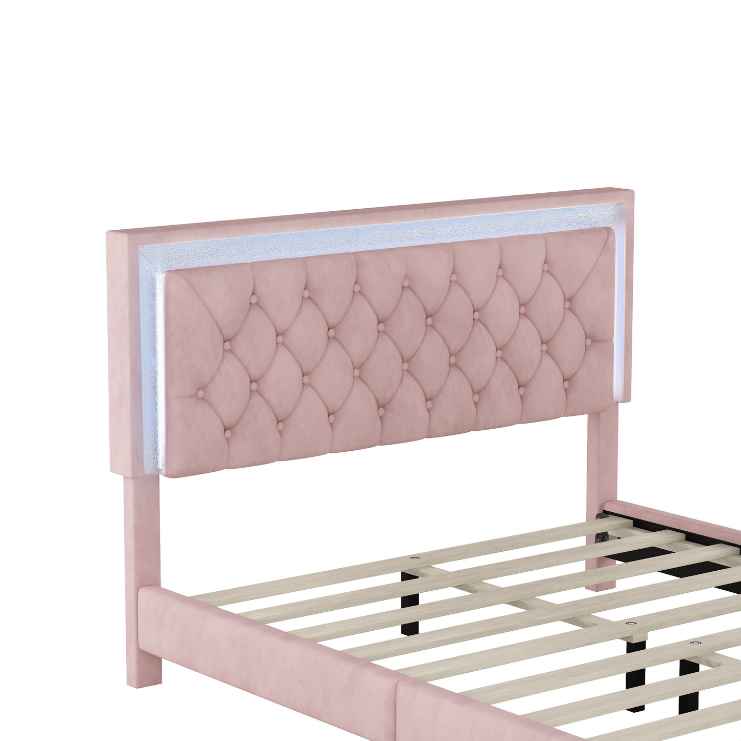 Juego de dormitorio de 3 piezas, cama tamaño queen tapizada con plataforma, luces LED y dos mesitas de noche, color rosa