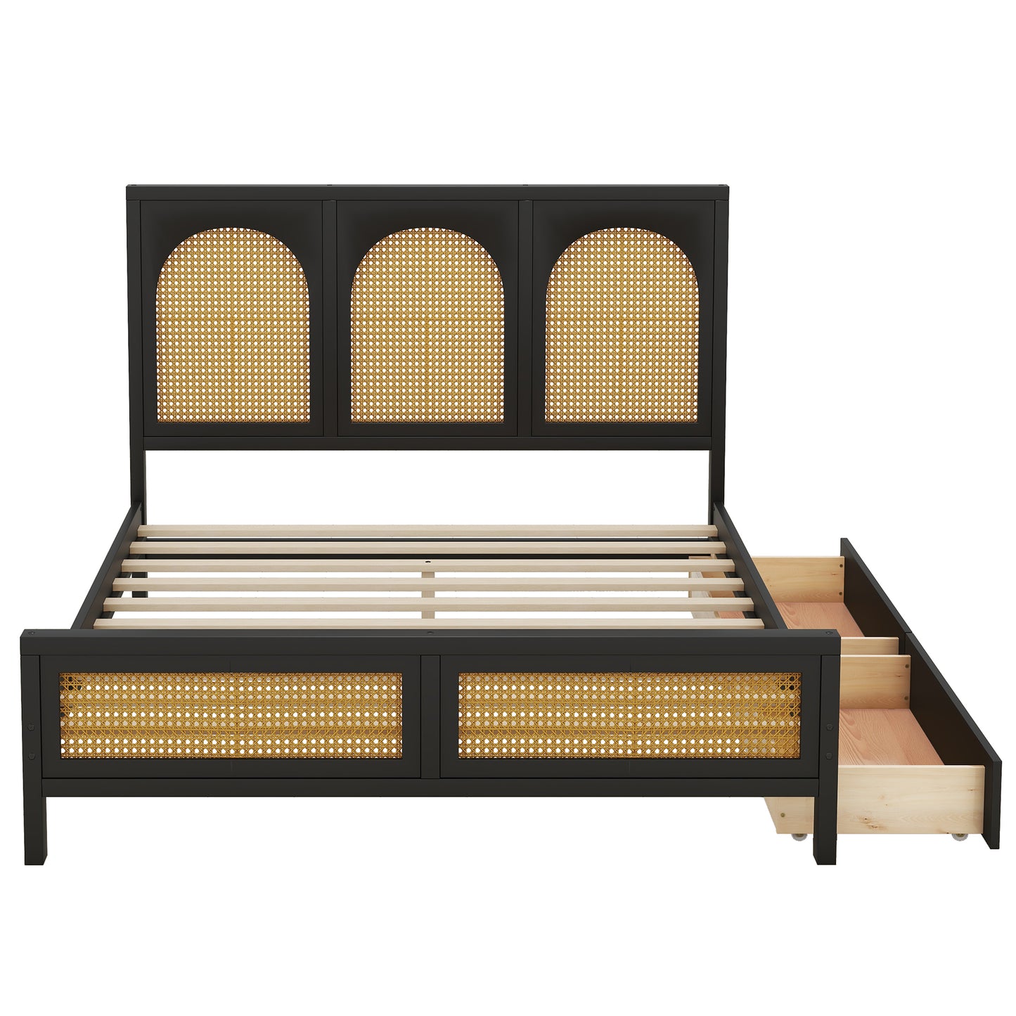 Full Size Wood Storage Platform Bed with 2 Drawers, Rattan Headboard and Footboard, Black