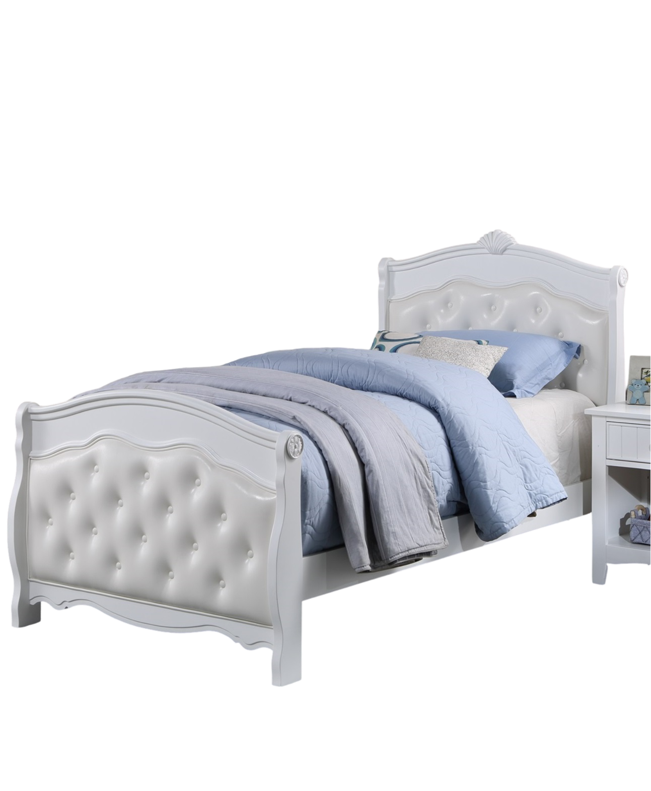 White Twin Size Bed Youth Bedroom Furniture White Faux Leather Headboard Footboard Plywood 1pc Bedframe