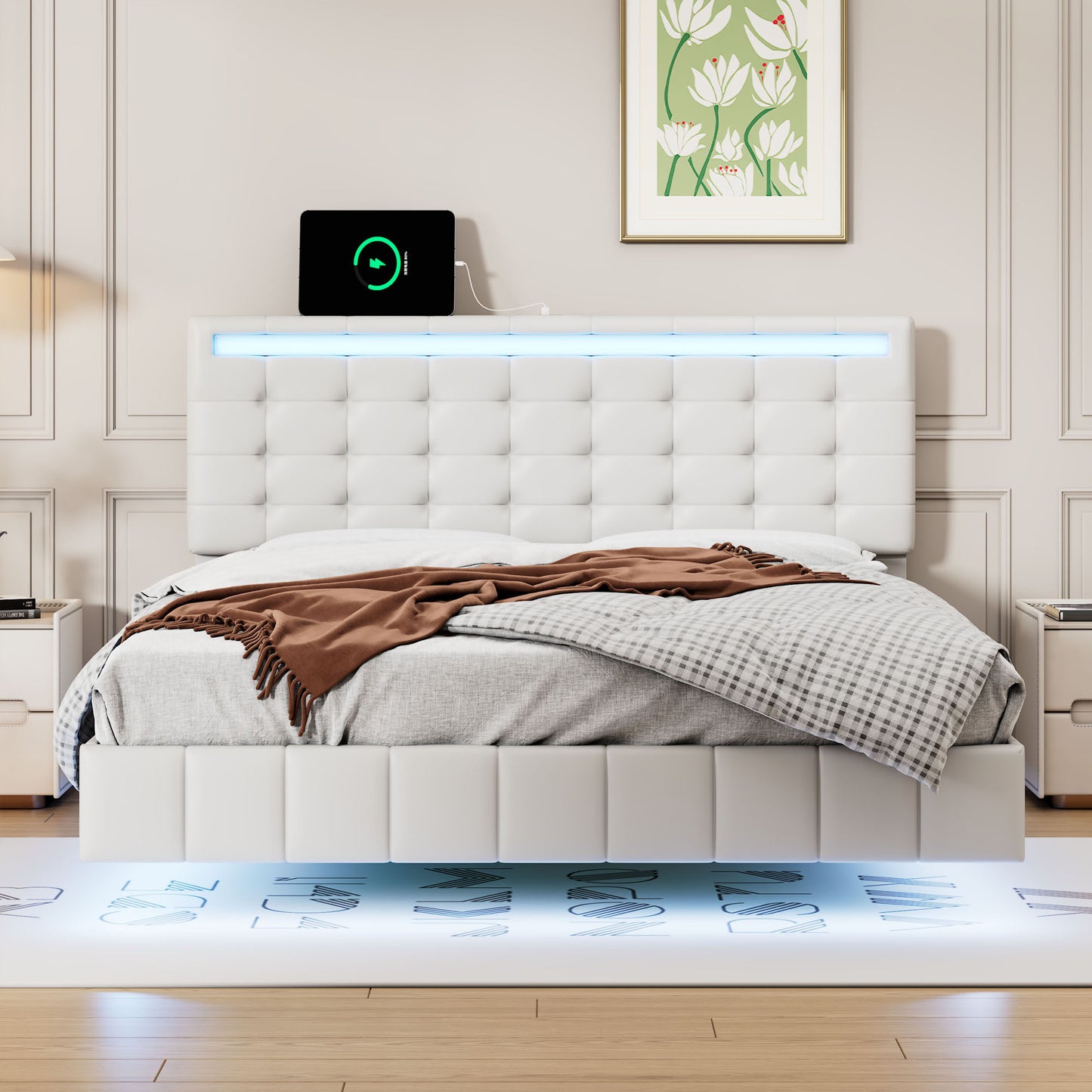 Full Size Floating Bed Frame with LED Lights and USB Charging,Modern Upholstered Platform LED Bed Frame,White(Full)