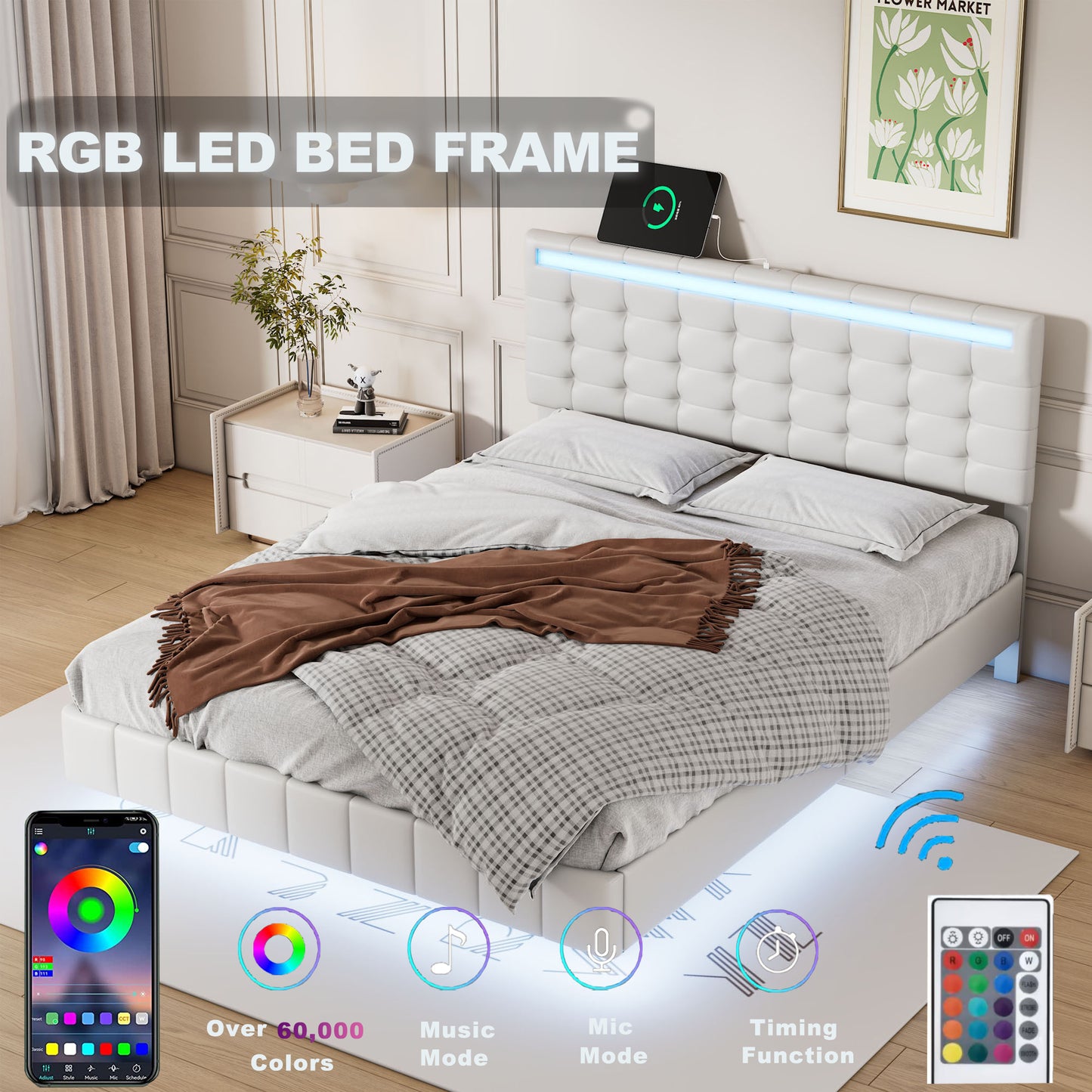 Full Size Floating Bed Frame with LED Lights and USB Charging,Modern Upholstered Platform LED Bed Frame,White(Full)