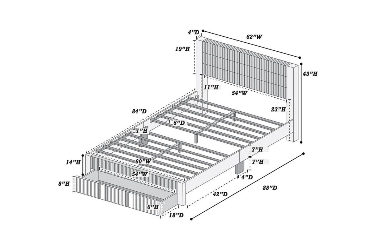 Luxury Contemporary Look 1pc Queen Size Bed w Storage Drawer Charcoal Corduroy Headboard Bedframe