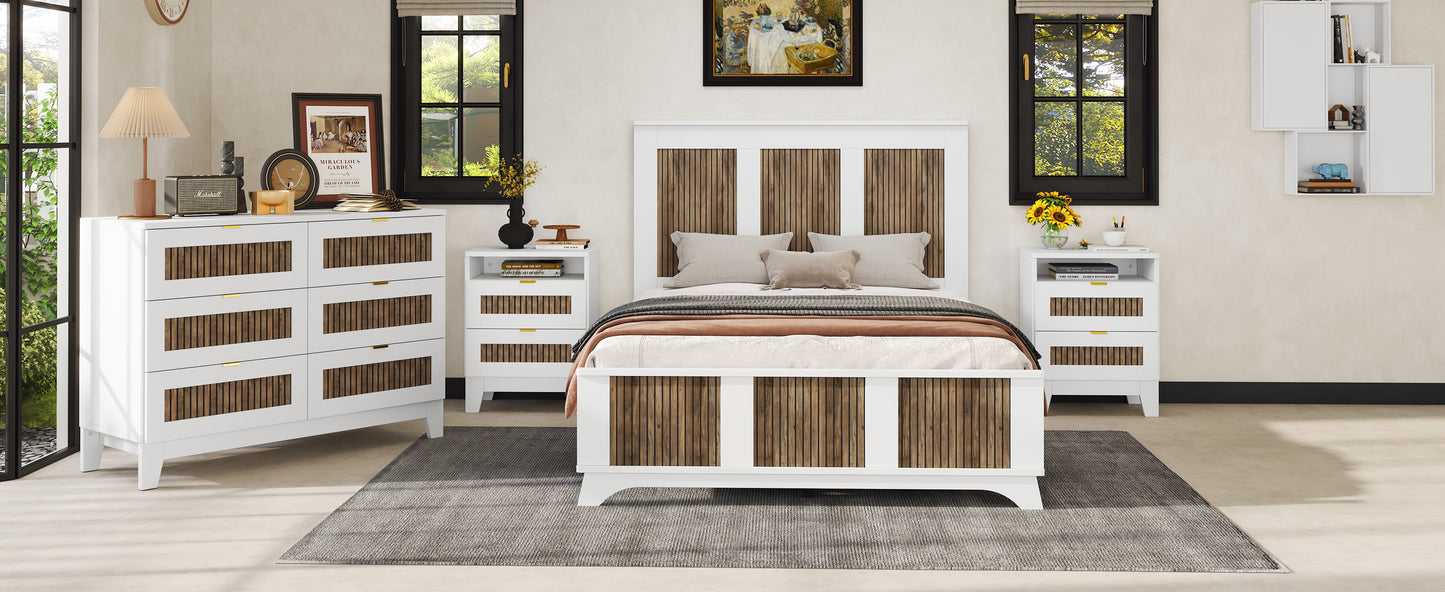 4-Pieces Bedroom Sets, Full Size Farmhouse Platform Bed with Wooden Strip Decoration, Storage Nightstand and Dresser with Metal Handle, White