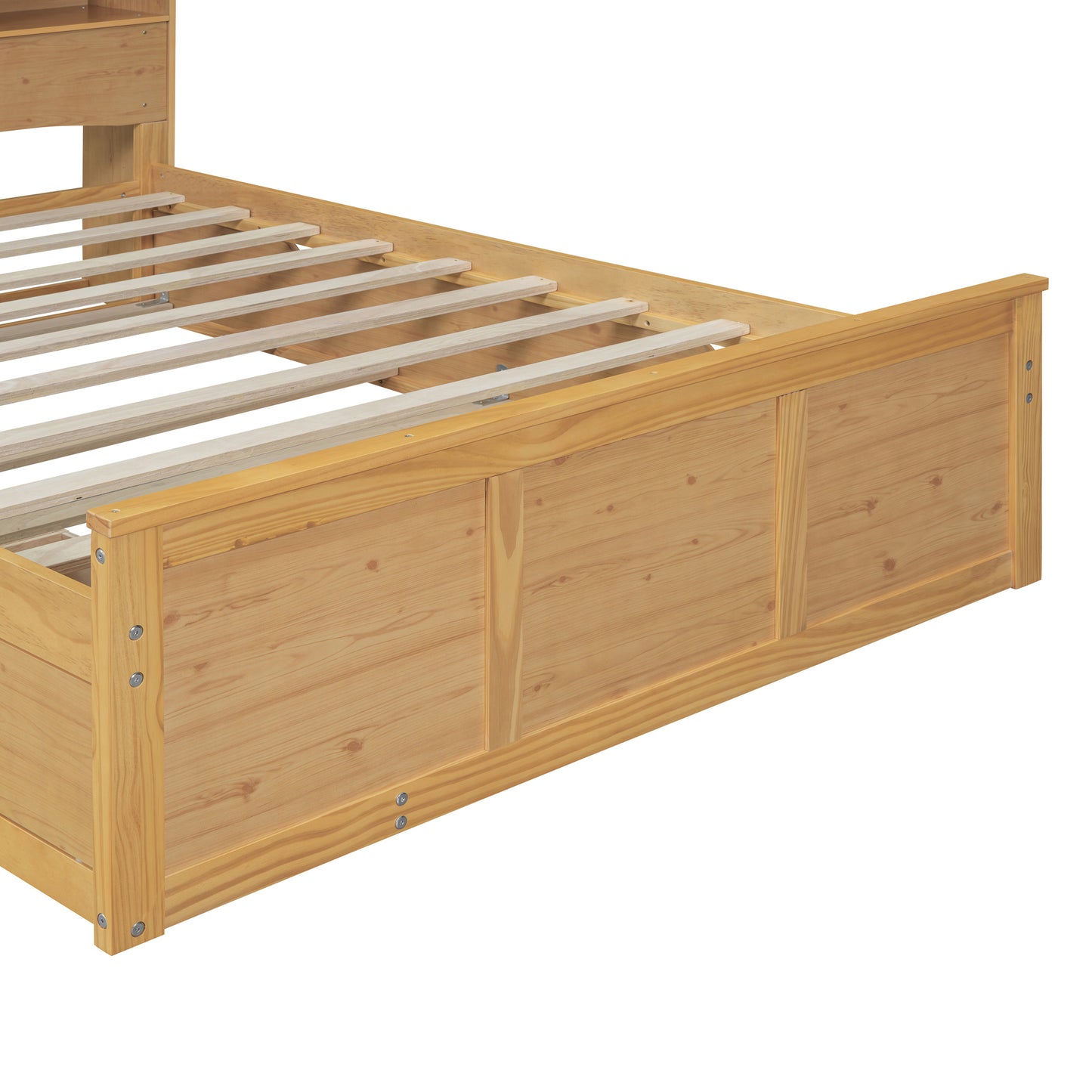 Full Size Wood Pltaform Bed with Twin Size Trundle, 3 Drawers, Upper Shelves and a set of USB Ports & Sockets, Natural