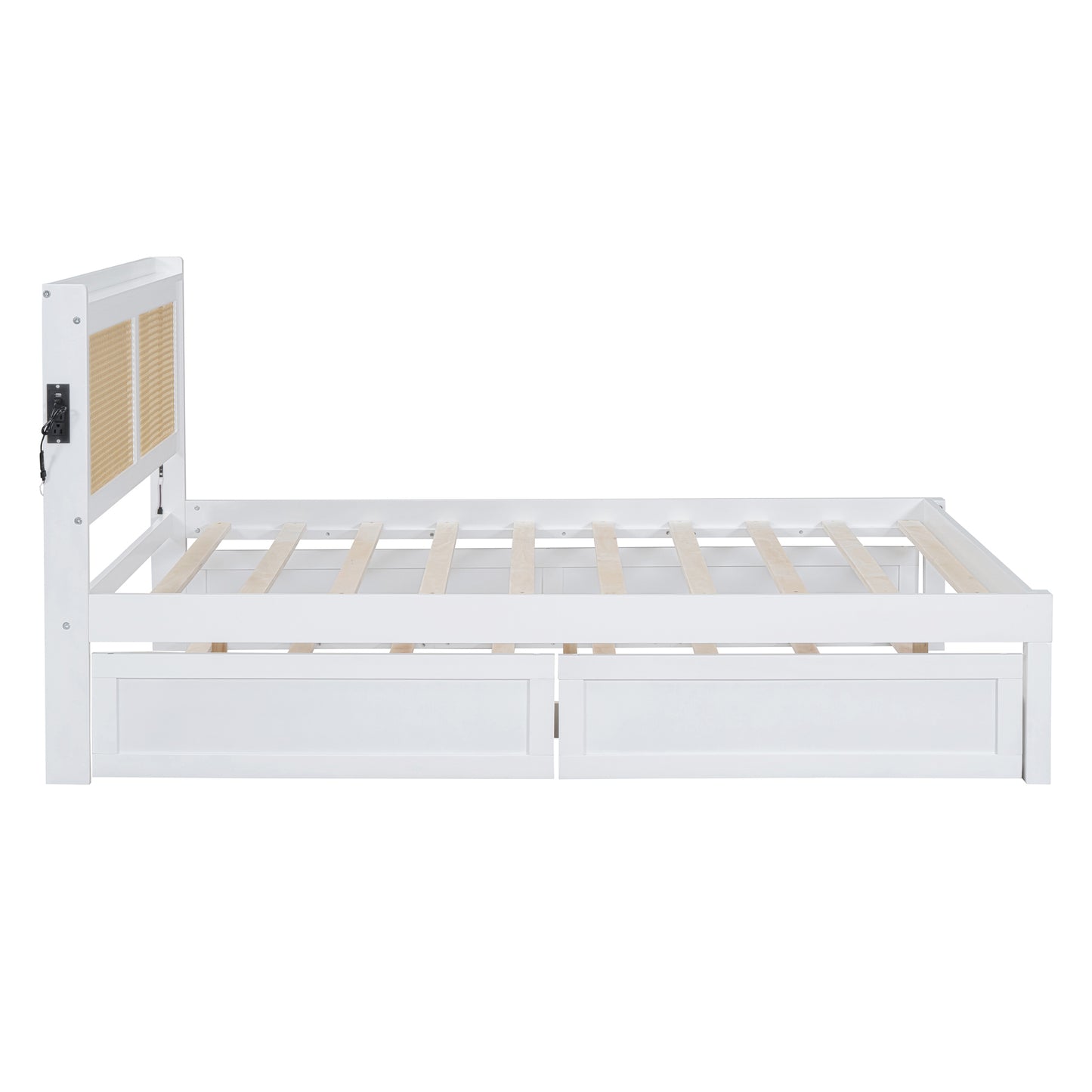 Full Size Elegant Bed Frame with Rattan Headboard and Sockets ,White