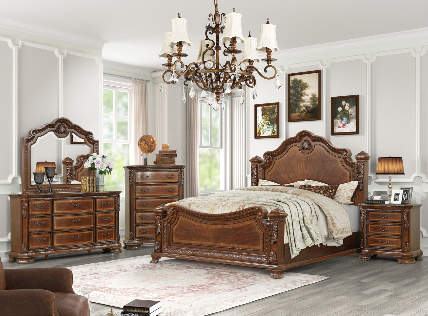 Traditional Style Queen Bed With Intricate Wood Carvings Made with Wood in Walnut