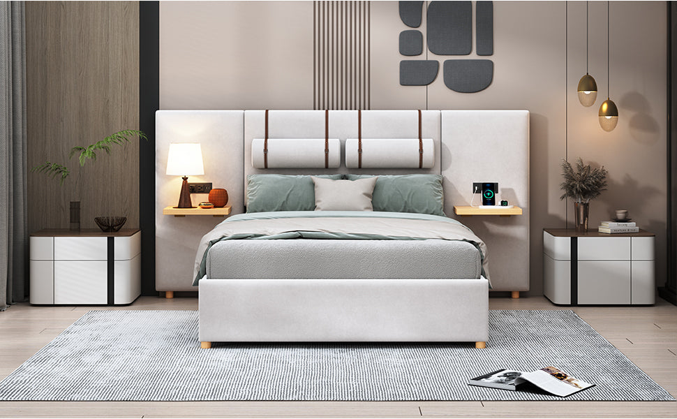 Full Size Upholstered Platform Bed, Two Outlets and USB Charging Ports on Both Sides, Two Bedside Pillows, Storage Shelves,Velvet,Beige