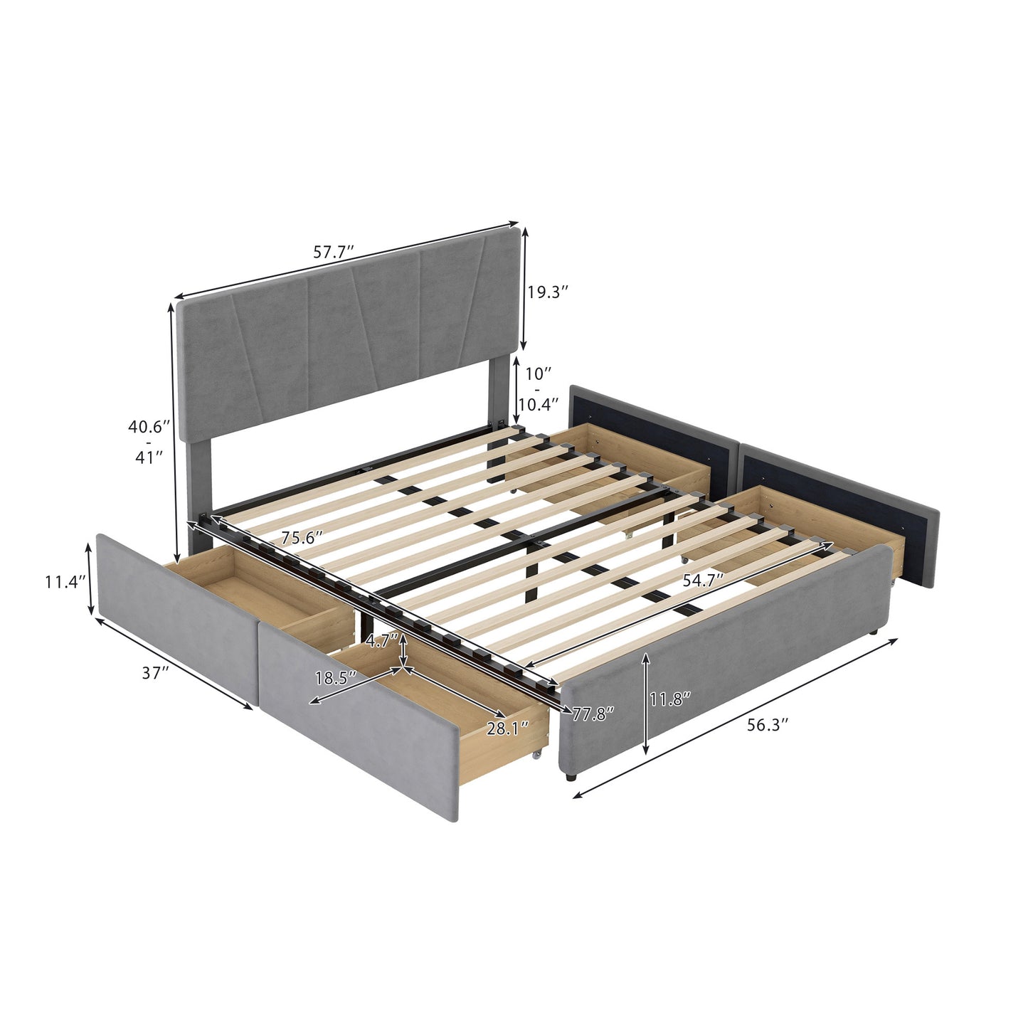 Full Size Upholstery Platform Bed with Four Drawers on Two Sides, Adjustable Headboard, Grey(Old SKU: WF291773EAA)