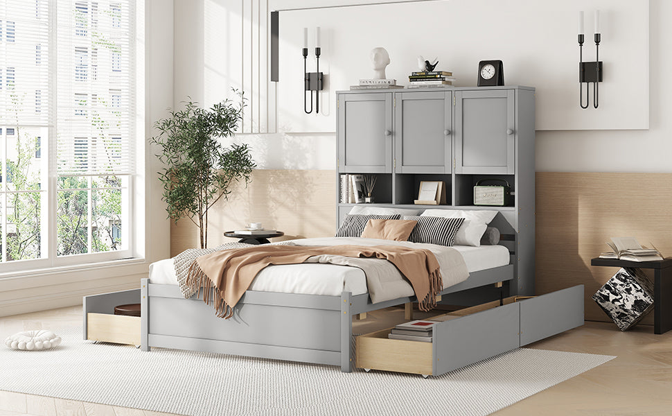 Full Size Platform Bed with Storage Headboard and 4 Drawers, Gray