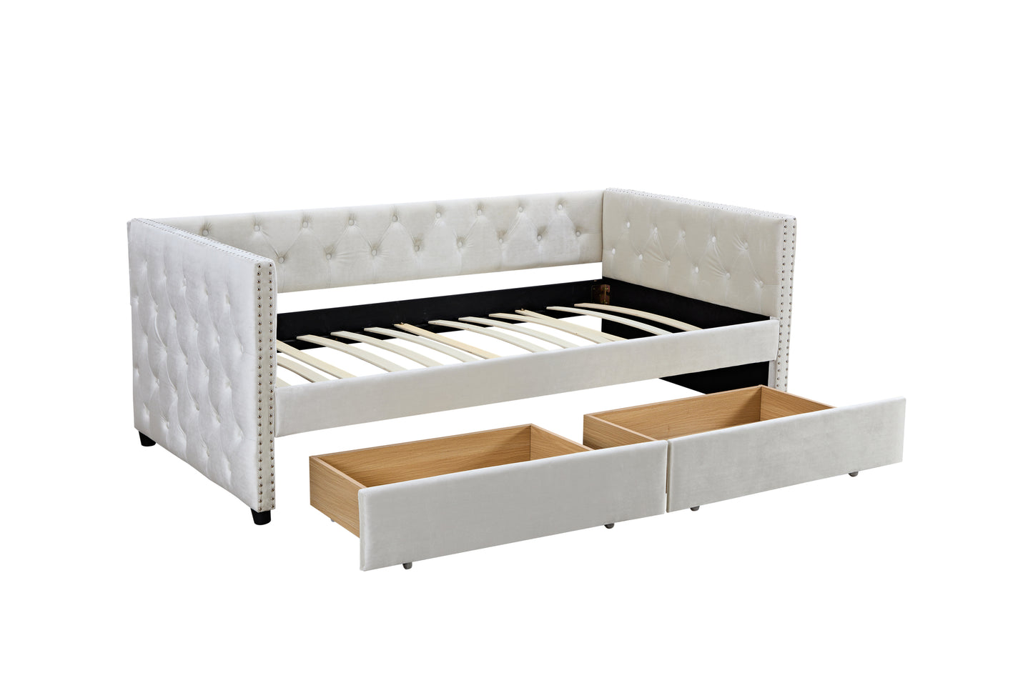 Sofá cama con cajones, moderno sofá cama tapizado en terciopelo con estructura de sofá cama con botones y cajones dobles, muebles de dormitorio y sala de estar, beige (83,47'' x 42,91'' x 30,71'')