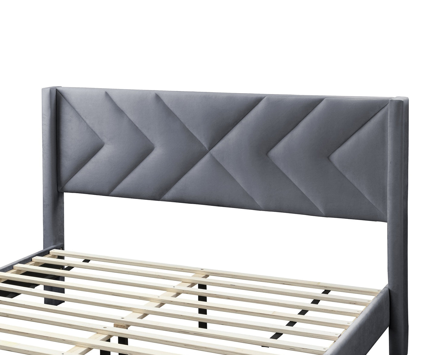 Elegant Modern Gray Velvet Upholstered Queen Size Bed Clean Lines Design Headboard 1pc Bedframe