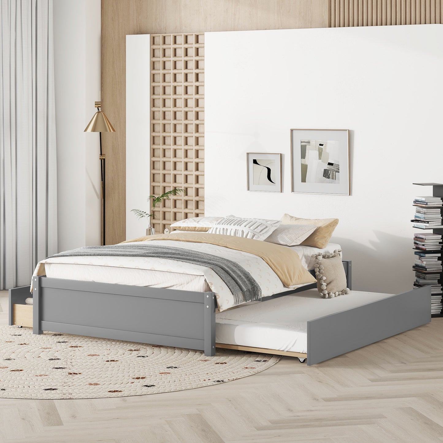 FULL BED WITH TWIN SIZE TRUNDLE AND TWO DRAWERS FOR GREY COLOR