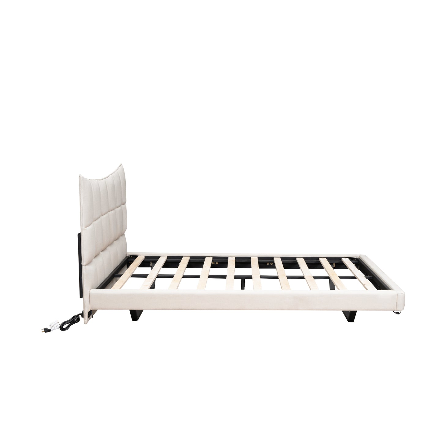 Full Size Upholstered Platform Bed with LED Lights,USB Ports and Outlets,Linen Fabric,Beige