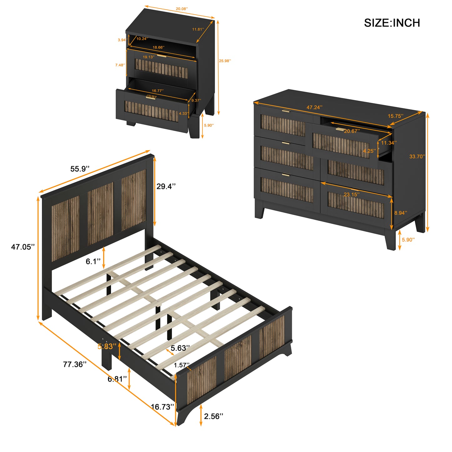 4-Pieces Bedroom Sets, Full Size Farmhouse Platform Bed with Wooden Strip Decoration, Storage Nightstand and Dresser with Metal Handle, Black