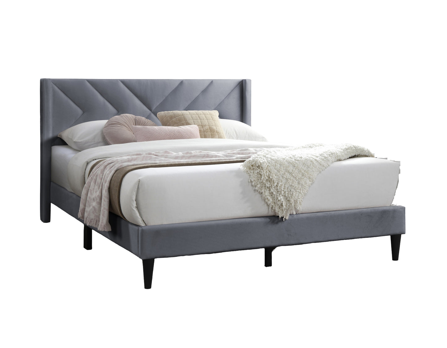 Elegant Modern Gray Velvet Upholstered Queen Size Bed Clean Lines Design Headboard 1pc Bedframe