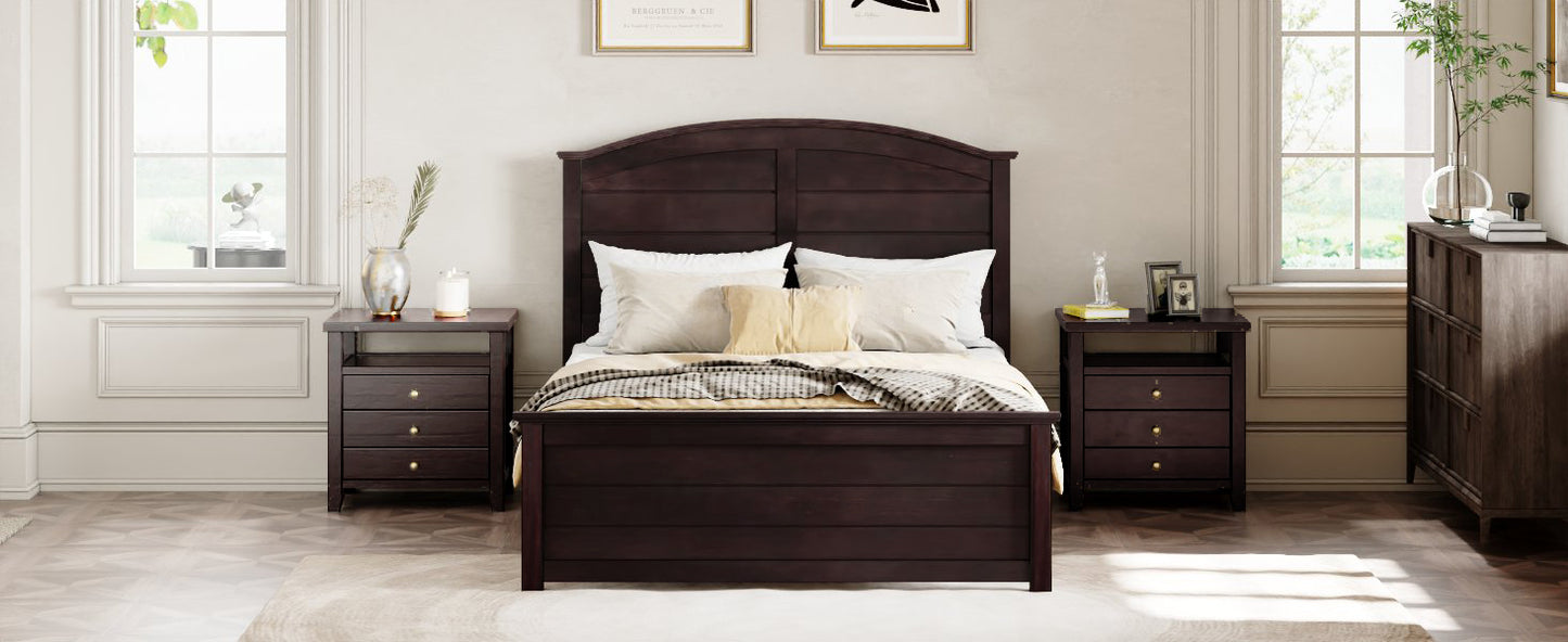 Farmhouse Wooden Platform Full Size Bed with Curl Design Headboard and Footboard for Teenager, Espresso