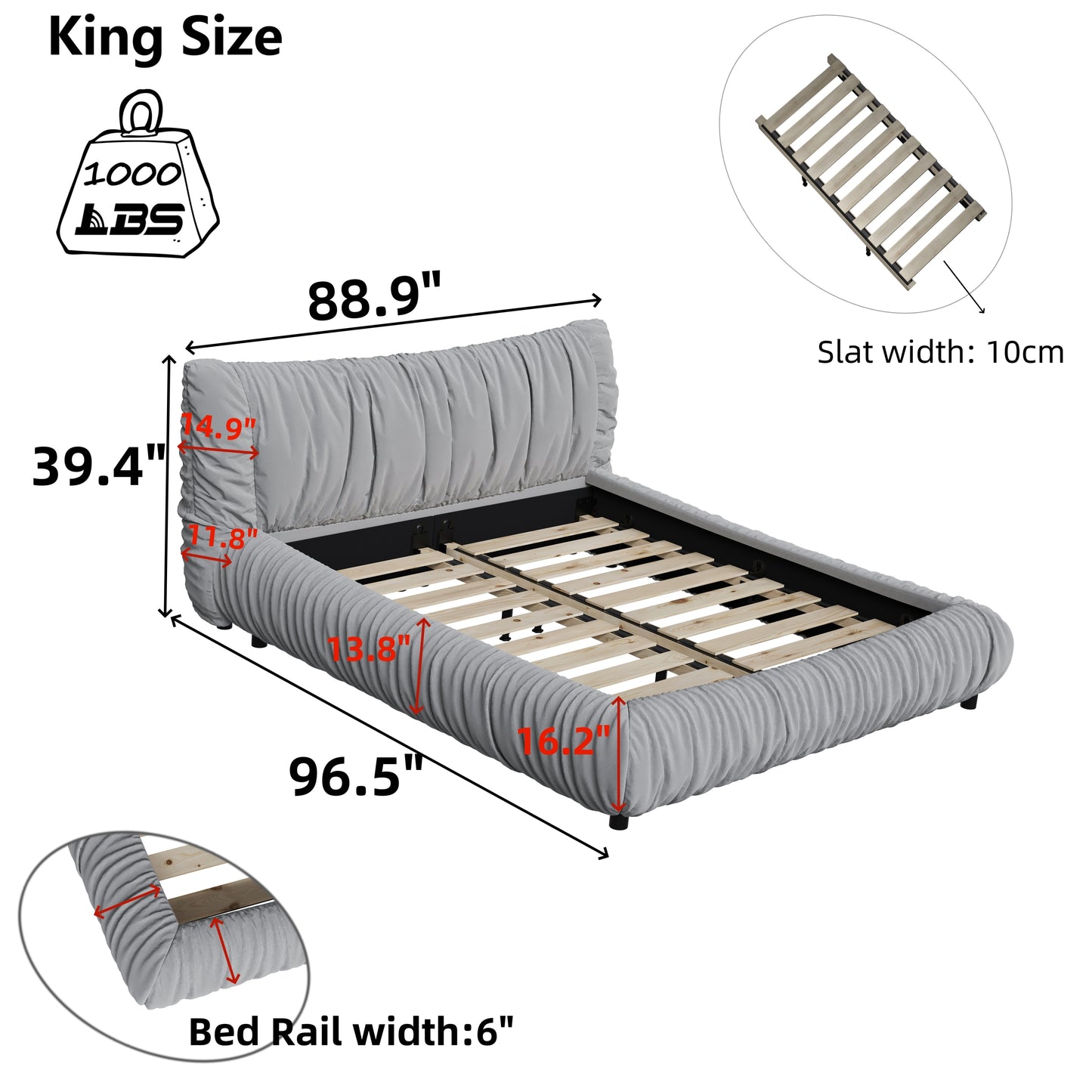 King Size Luxury Upholstered Platform Bed with Removable Cushion and Solid Wood Frame,suitable for Multiple heights of mattresses,LIGHT GREY