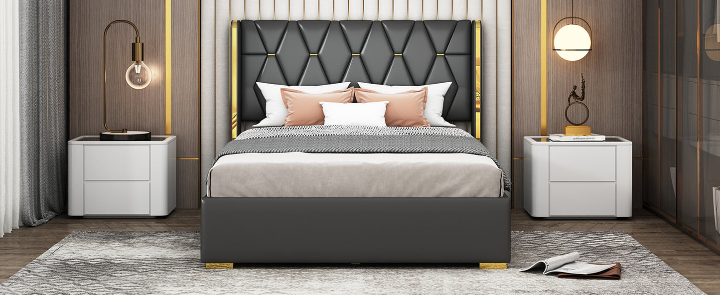 Full Size Upholstered Platform Bed with Metal Strips, Black