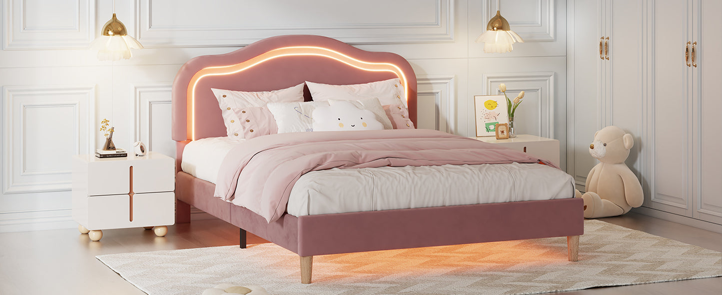 Full Size Velvet Upholstered Smart LED Bed Frame with Adjustable Height Headboard,No Box Spring Needed,Easy Assembly,Pink