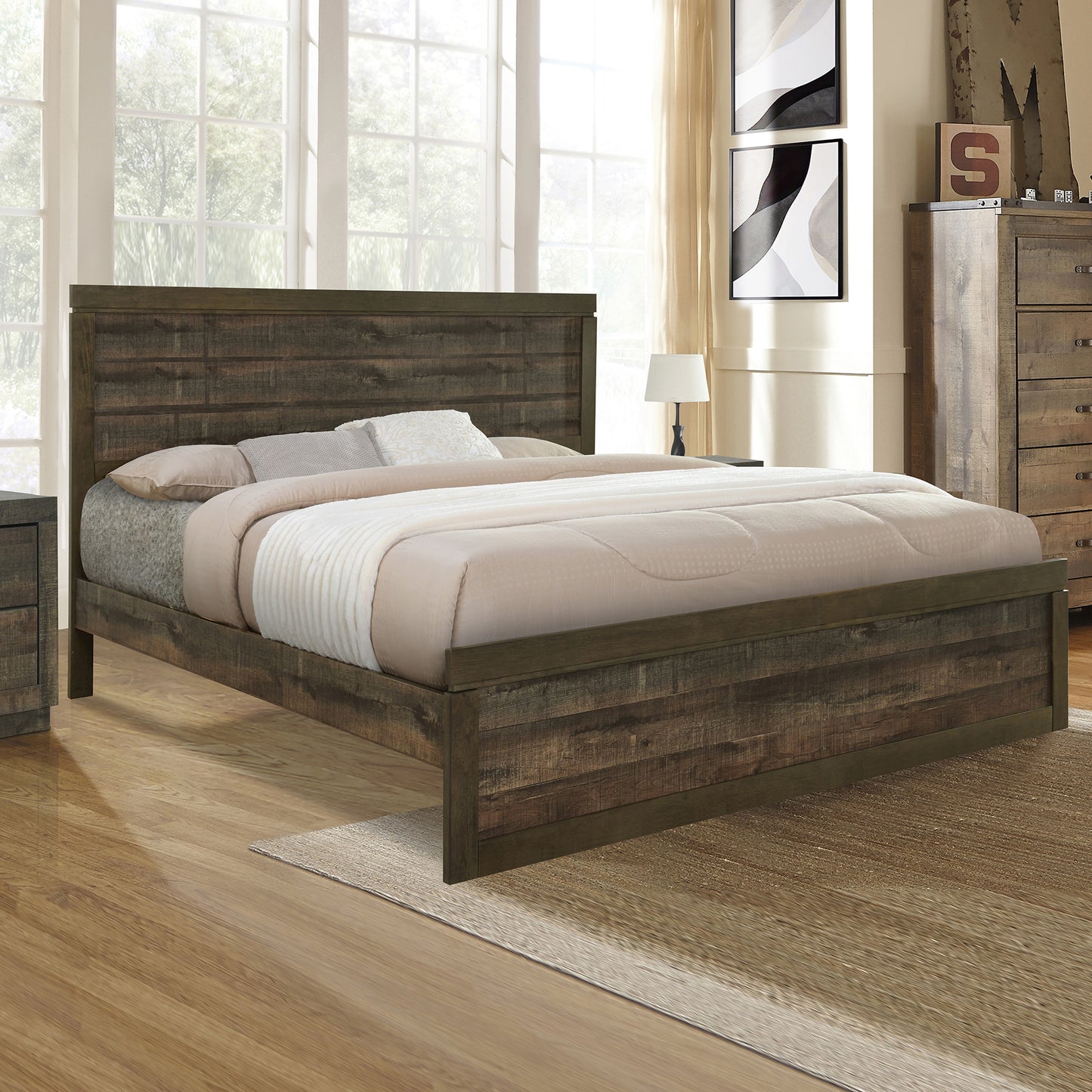 Vintage Farmhouse Style King Size Platform Bed with 10 Wooden Slats Support, No Box Spring Needed, Rustic Brown