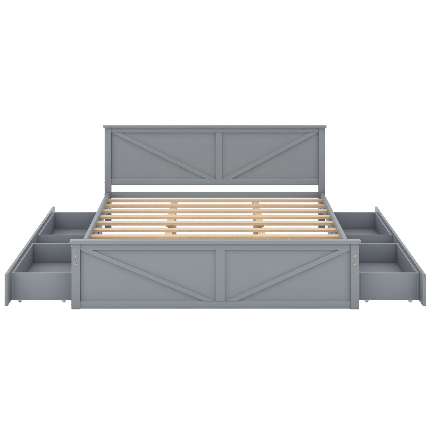 King Size Wooden Platform Bed with Four Storage Drawers and Support Legs, Gray