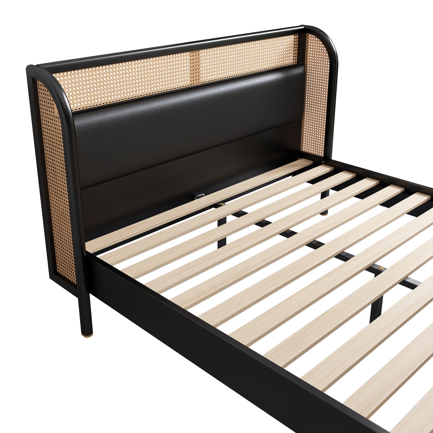 Modern Cannage Rattan Wood Platform Queen Bed, Black