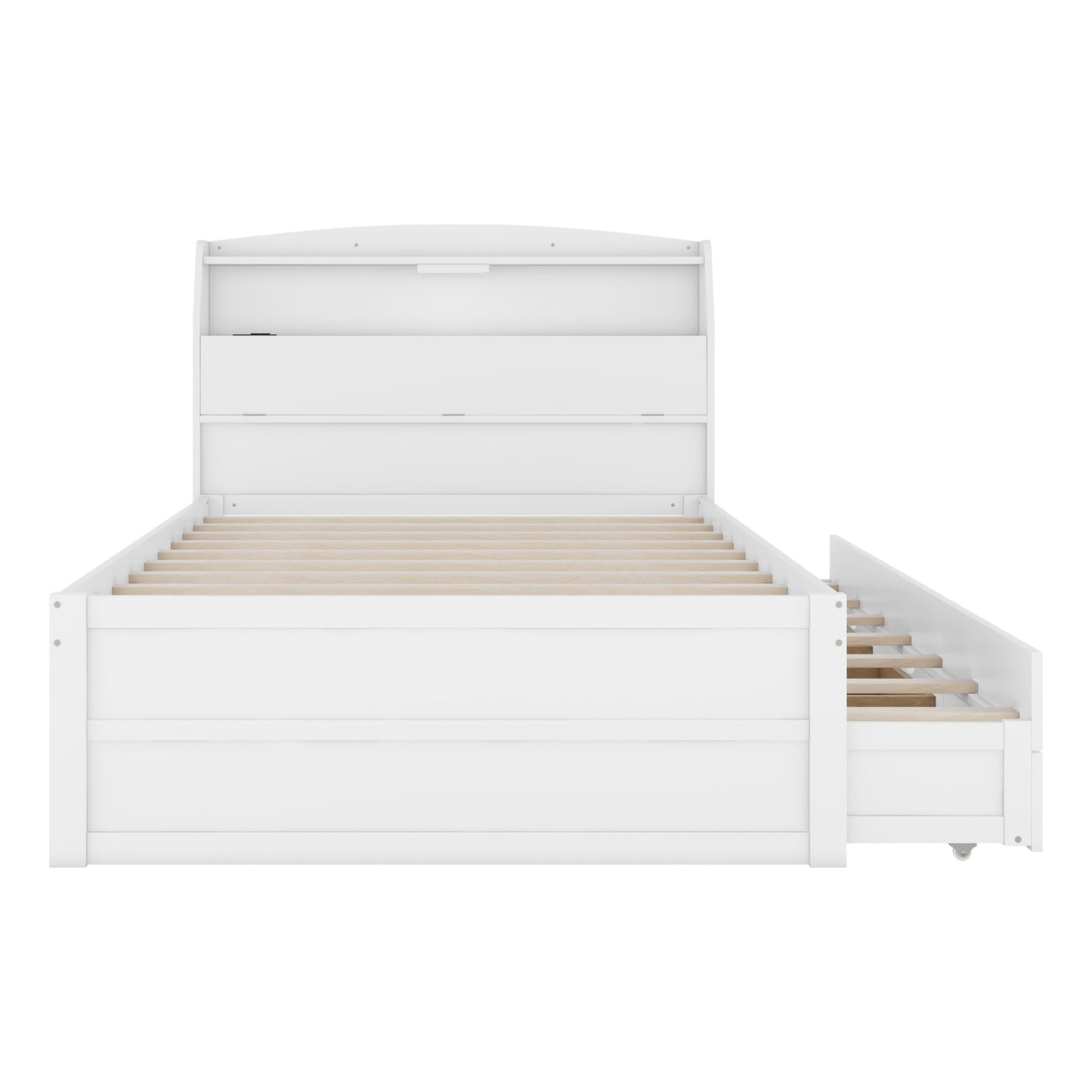 Full Size Wooden LED Platform Bed with Trundle, with Storage Headboard, with Drawers, White