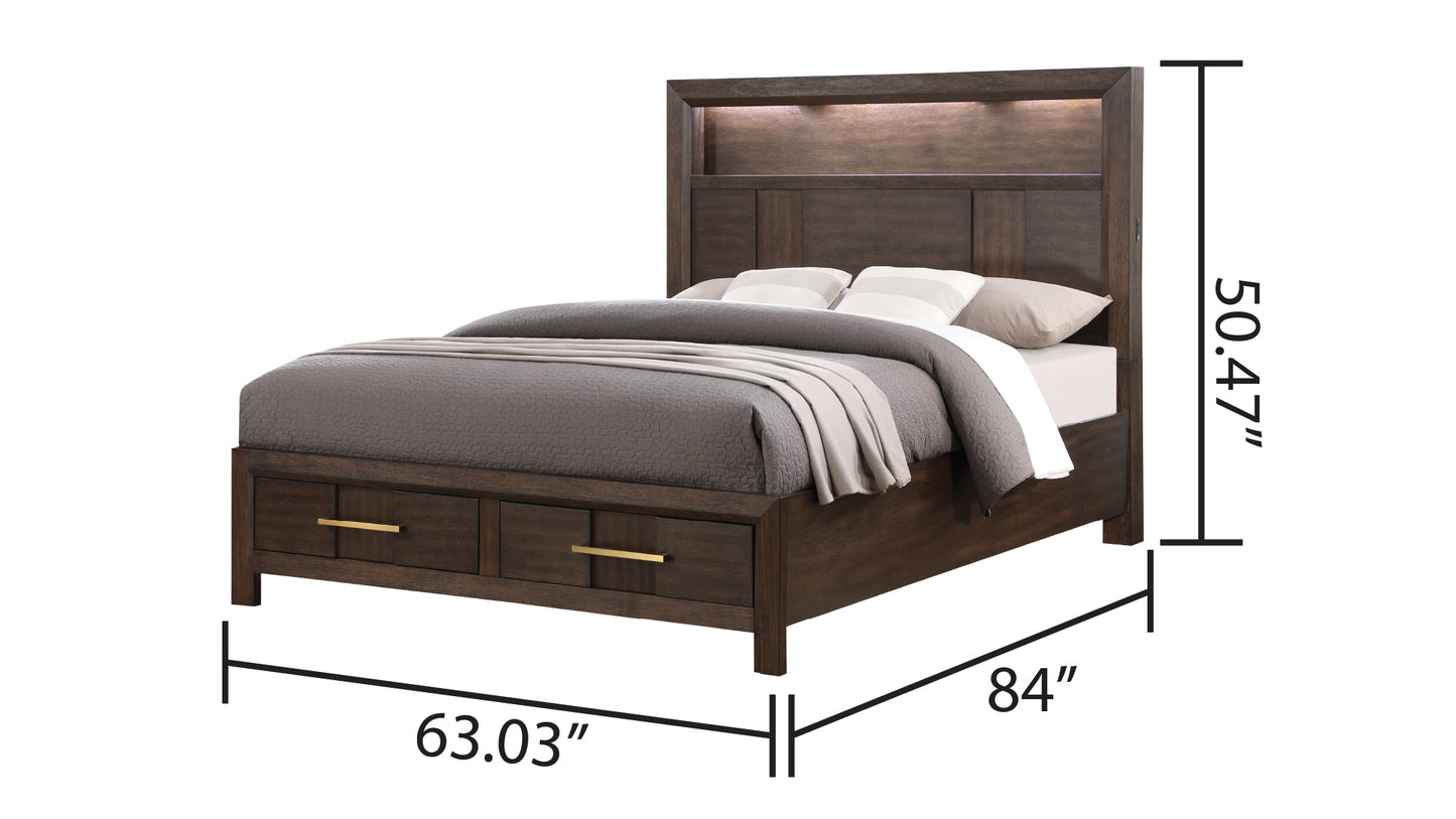 Modern Style Queen 5PC Storage Bedroom Set Made with Wood, LED Headboard, Bluetooth Speakers & USB Ports - Walnut