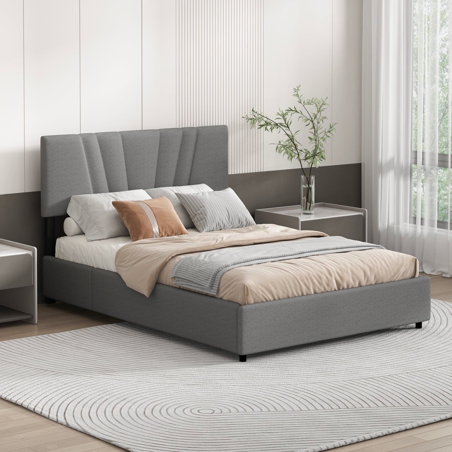 Full Upholstered Platform Bed with Lifting Storage, Full Size Bed Frame with Storage and Tufted Headboard,Wooden  Full Platform Bed for Kids Teens Adults,No Box Spring Needed( Full, Gray)