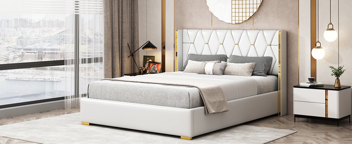 Queen Size Upholstered Platform Bed with Metal Strips, Off-white